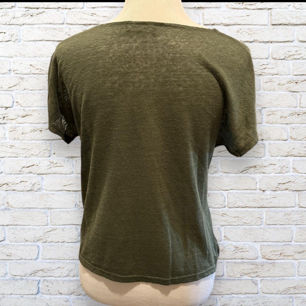 WHBM Olive Green Short Sleeve Linen Top with Gold bead Accents Size Small - Picture 3 of 6